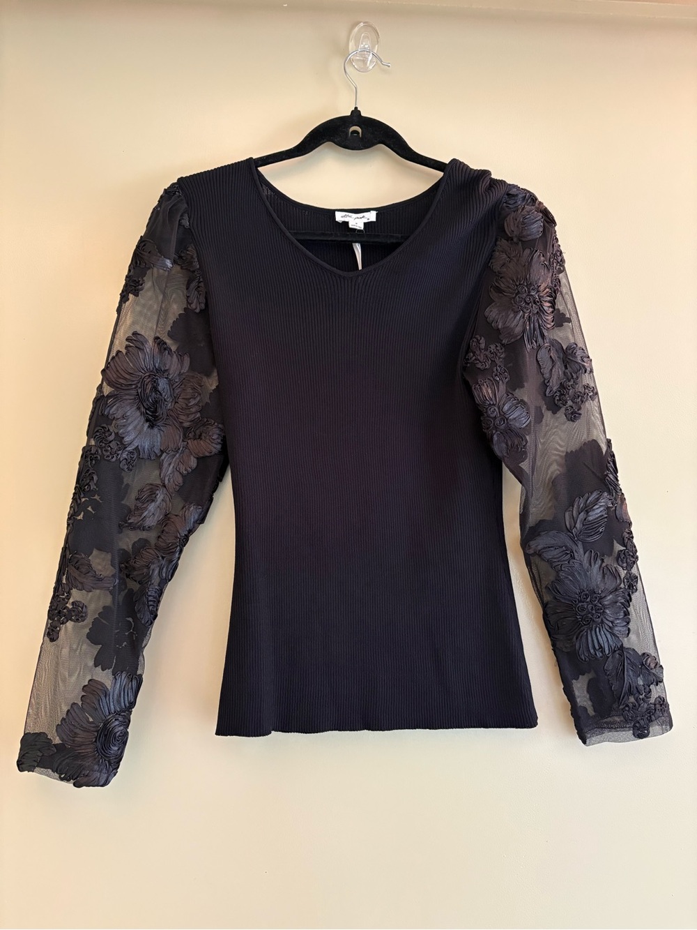 Ultra Pink Black Floral-Appliqué Sheer Sleeve Long Sleeve Top
